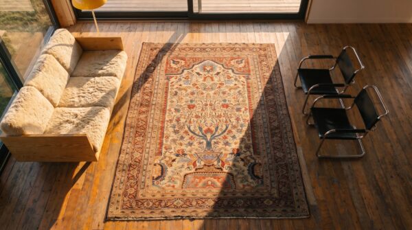 Fine floral vase prayer niche pattern antique persian small size khorassan rug 2 Fine floral vase prayer niche pattern antique persian small size khorassan rug (sku 21683) - styled overhead view