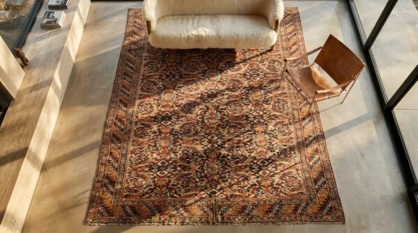Fine herati pattern antique flatweave persian senneh kilim rug 2 Fine herati pattern antique flatweave persian senneh kilim rug (sku 25046) - styled overhead view