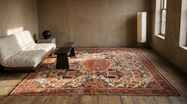 Fine ivory room size tribal pictorial antique 19th century persian malayer rug 10 Fine ivory room size tribal pictorial antique 19th century persian malayer rug (sku 19765) - room view