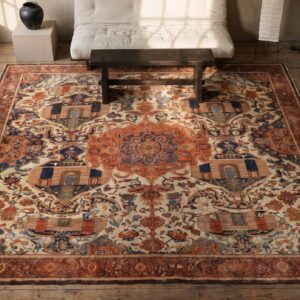 Fine Ivory Room Size Tribal Pictorial Antique 19th Century Persian Malayer Rug (SKU 19765) - styled overhead view