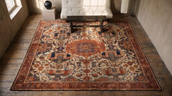 Fine ivory room size tribal pictorial antique 19th century persian malayer rug 2 Fine ivory room size tribal pictorial antique 19th century persian malayer rug (sku 19765) - styled overhead view
