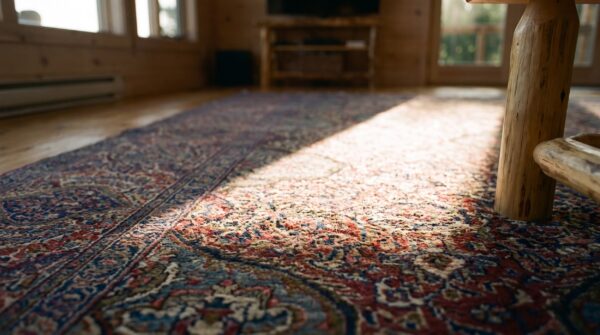 Fine large room size antique floral persian kerman wool hand knotted pile rug 8 Fine large room size antique floral persian kerman wool hand knotted pile rug (sku 25577) - in-room detail