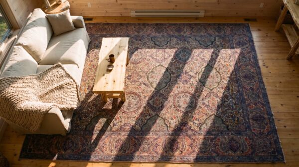 Fine large room size antique floral persian kerman wool hand knotted pile rug 2 Fine large room size antique floral persian kerman wool hand knotted pile rug (sku 25577) - styled overhead view