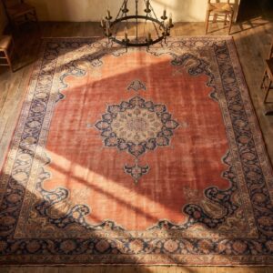 Fine Antique Late 19th Century Large Red Classic Paisley Persian Open Field Medallion Tabriz Rug (SKU 18716) - styled overhead view