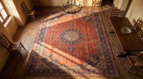 Fine antique late 19th century large red classic paisley persian open field medallion tabriz rug 2 Fine antique late 19th century large red classic paisley persian open field medallion tabriz rug (sku 18716) - styled overhead view