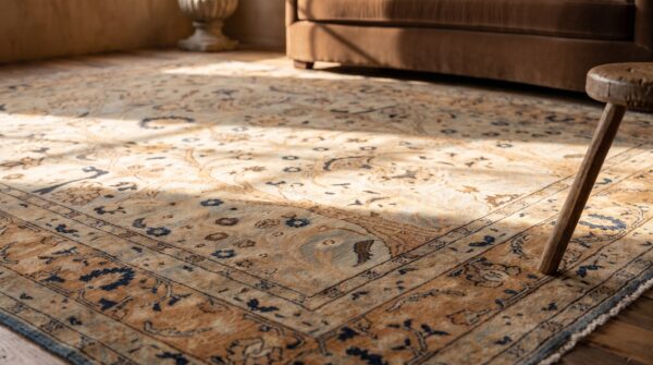 Fine light faded blue antique persian tree of live design room size khorassan rug 9 Fine light faded blue antique persian tree of live design room size khorassan rug (sku 21400) - in-room detail