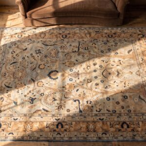Fine Light Faded Blue Antique Persian Tree Of Live Design Room Size Khorassan Rug (SKU 21400) - styled overhead view