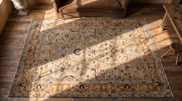 Fine light faded blue antique persian tree of live design room size khorassan rug 2 Fine light faded blue antique persian tree of live design room size khorassan rug (sku 21400) - styled overhead view