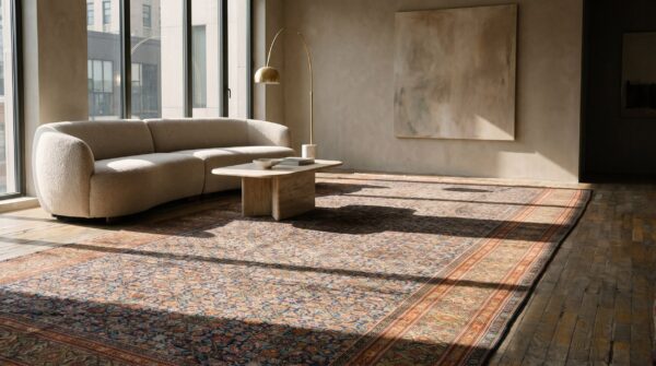 Fine antique long and narrow oversized blue persian herati tabriz rug (sku 22073) - room view
