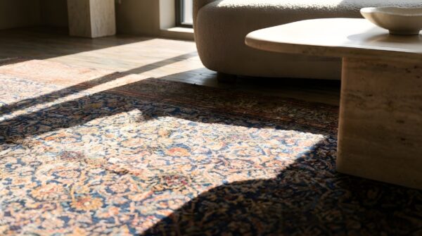 Fine antique long and narrow oversized blue persian herati tabriz rug (sku 22073) - in-room detail