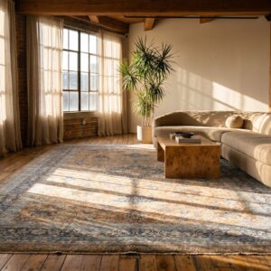 Fine Oversized Antique Floral Medallion Pattern Light Earthy Color Persian Kerman Rug (SKU 18656) - styled overhead view