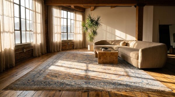 Fine oversized antique floral medallion pattern light earthy color persian kerman rug 2 Fine oversized antique floral medallion pattern light earthy color persian kerman rug (sku 18656) - styled overhead view