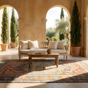 Fine Rare Mid 19th Century Collectable Antique Luxurious Persian Silk Heriz Rug (SKU 24054) - styled overhead view