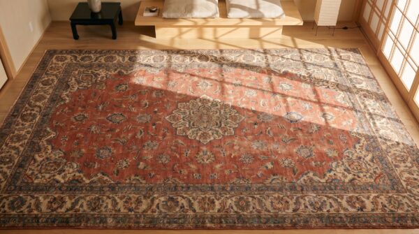 Fine red allover floral antique 19th century persian tabriz haji jalili carpet 2 Fine red allover floral antique 19th century persian tabriz haji jalili carpet (sku 20106) - styled overhead view