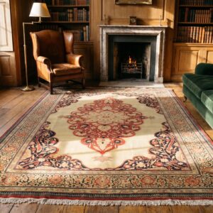 Fine Room Size Antique Late 19th Century Classic Ivory Open Field Medallion Persian Tabriz Rug (SKU 19285) - room view