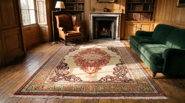 Fine room size antique late 19th century classic ivory open field medallion persian tabriz rug (sku 19285) - room view