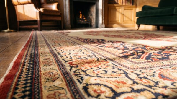Fine room size antique late 19th century classic ivory open field medallion persian tabriz rug (sku 19285) - in-room detail