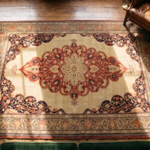 Fine Room Size Antique Late 19th Century Classic Ivory Open Field Medallion Persian Tabriz Rug (SKU 19285) - styled overhead view
