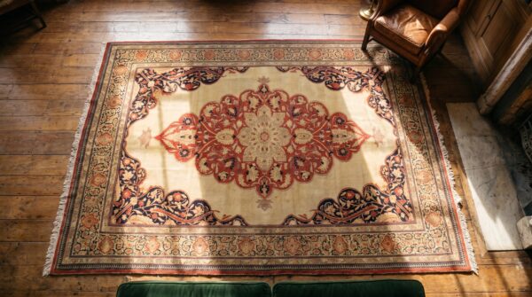 Fine room size antique late 19th century classic ivory open field medallion persian tabriz rug (sku 19285) - styled overhead view