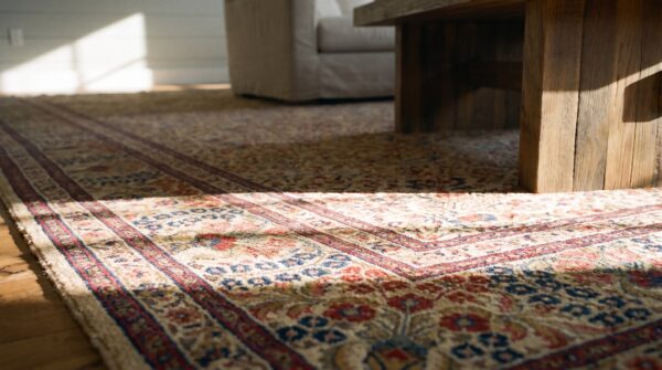 Fine senneh weave light ivory color antique floral vase design persian tabriz rug 8 Fine senneh weave light ivory color antique floral vase design persian tabriz rug (sku 21891) - in-room detail