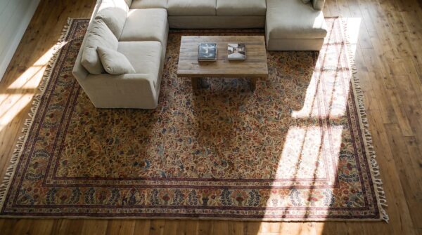 Fine senneh weave light ivory color antique floral vase design persian tabriz rug 2 Fine senneh weave light ivory color antique floral vase design persian tabriz rug (sku 21891) - styled overhead view