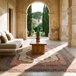 Fine Small Square Antique Open Cream Field Persian Tabriz Medallion Rug (SKU 21175) - room view