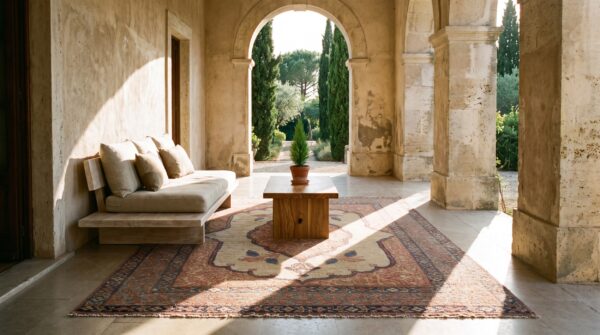 Fine small square antique open cream field persian tabriz medallion rug 7 Fine small square antique open cream field persian tabriz medallion rug (sku 21175) - room view