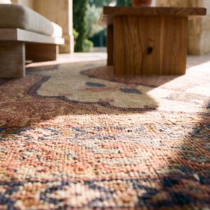Fine Small Square Antique Open Cream Field Persian Tabriz Medallion Rug (SKU 21175) - in-room detail