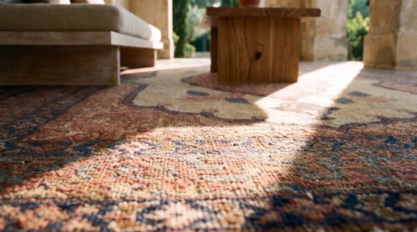 Fine small square antique open cream field persian tabriz medallion rug 8 Fine small square antique open cream field persian tabriz medallion rug (sku 21175) - in-room detail