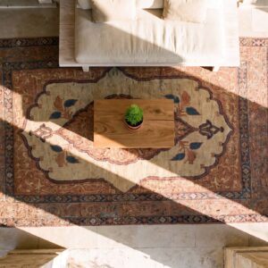 Fine Small Square Antique Open Cream Field Persian Tabriz Medallion Rug (SKU 21175) - styled overhead view