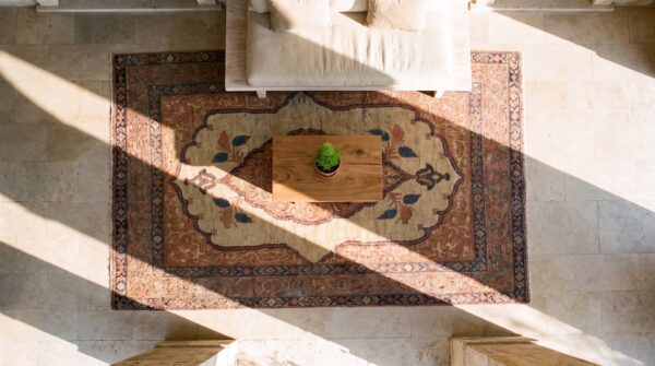 Fine small square antique open cream field persian tabriz medallion rug 2 Fine small square antique open cream field persian tabriz medallion rug (sku 21175) - styled overhead view