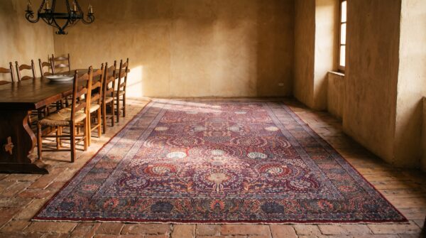 Fine traditional densely floral antique purple persian kerman rug 10 Fine traditional densely floral antique purple persian kerman rug (sku 21896) - room view