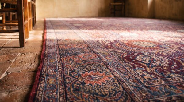 Fine traditional densely floral antique purple persian kerman rug 11 Fine traditional densely floral antique purple persian kerman rug (sku 21896) - in-room detail