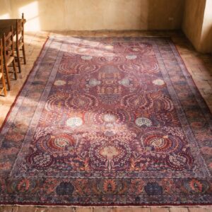 Fine Traditional Densely Floral Antique Purple Persian Kerman Rug (SKU 21896) - styled overhead view
