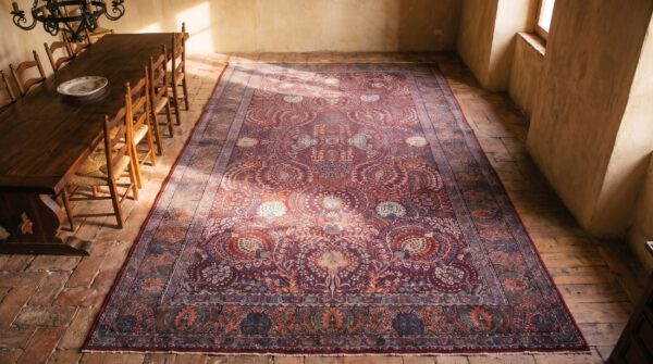 Fine traditional densely floral antique purple persian kerman rug 2 Fine traditional densely floral antique purple persian kerman rug (sku 21896) - styled overhead view