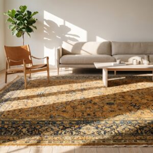 Fine Antique Warm Cream Color Oversized Floral Vase Design Persian Kerman Carpet (SKU 19932) - room view