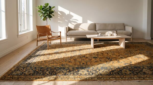 Fine antique warm cream color oversized floral vase design persian kerman carpet 11 Fine antique warm cream color oversized floral vase design persian kerman carpet (sku 19932) - room view