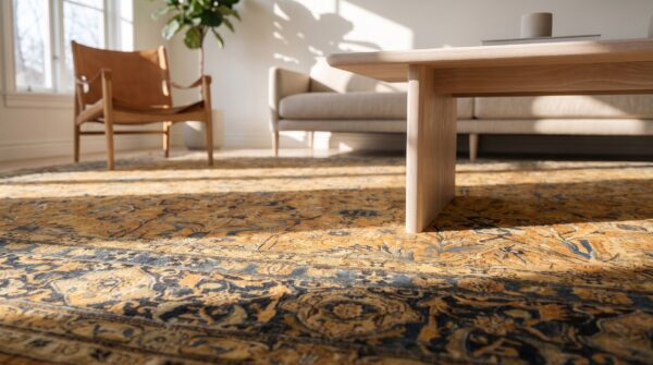 Fine antique warm cream color oversized floral vase design persian kerman carpet 12 Fine antique warm cream color oversized floral vase design persian kerman carpet (sku 19932) - in-room detail