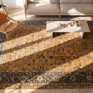 Fine Antique Warm Cream Color Oversized Floral Vase Design Persian Kerman Carpet (SKU 19932) - styled overhead view