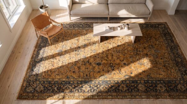 Fine antique warm cream color oversized floral vase design persian kerman carpet 2 Fine antique warm cream color oversized floral vase design persian kerman carpet (sku 19932) - styled overhead view