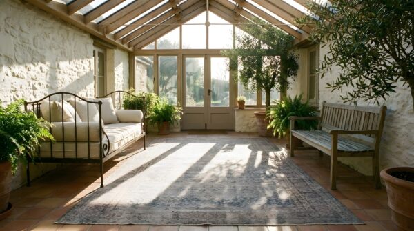 Fine washed out seafoam color large antique allover floral persian kerman carpet (sku 24777) - room view