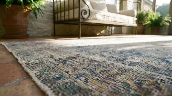 Fine washed out seafoam color large antique allover floral persian kerman carpet (sku 24777) - in-room detail