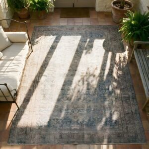 Fine Washed Out Seafoam Color Large Antique Allover Floral Persian Kerman Carpet (SKU 24777) - styled overhead view