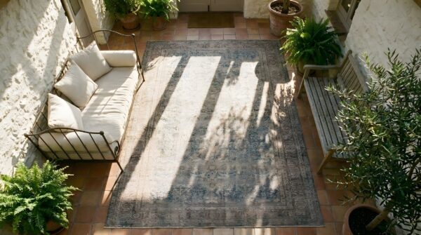 Fine washed out seafoam color large antique allover floral persian kerman carpet (sku 24777) - styled overhead view