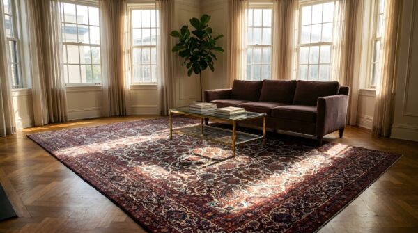 Fine weave allover floral design antique ivory persian room size kashan rug (sku 19633) - room view
