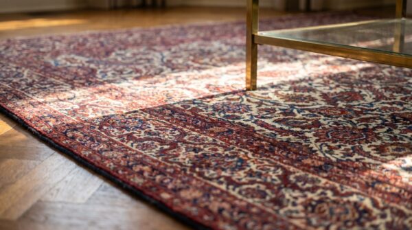 Fine weave allover floral design antique ivory persian room size kashan rug (sku 19633) - in-room detail