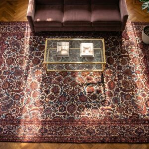 Fine Weave Allover Floral Design Antique Ivory Persian Room Size Kashan Rug (SKU 19633) - styled overhead view