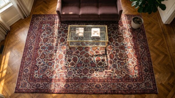 Fine weave allover floral design antique ivory persian room size kashan rug (sku 19633) - styled overhead view