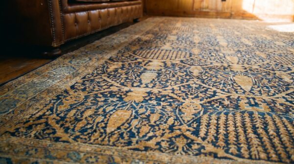 Fine weave blue color antique floral large oversized persian kerman carpet 7 Fine weave blue color antique floral large oversized persian kerman carpet (sku 19782) - in-room detail