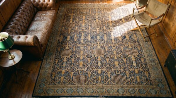 Fine weave blue color antique floral large oversized persian kerman carpet 2 Fine weave blue color antique floral large oversized persian kerman carpet (sku 19782) - styled overhead view